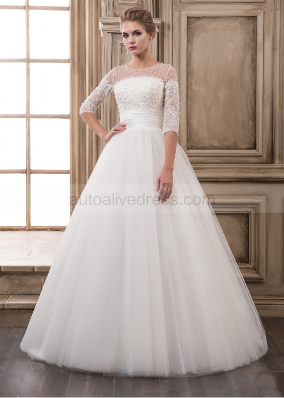 Sheer Neck Ivory Pearls Tulle Floor Length Wedding Dress 